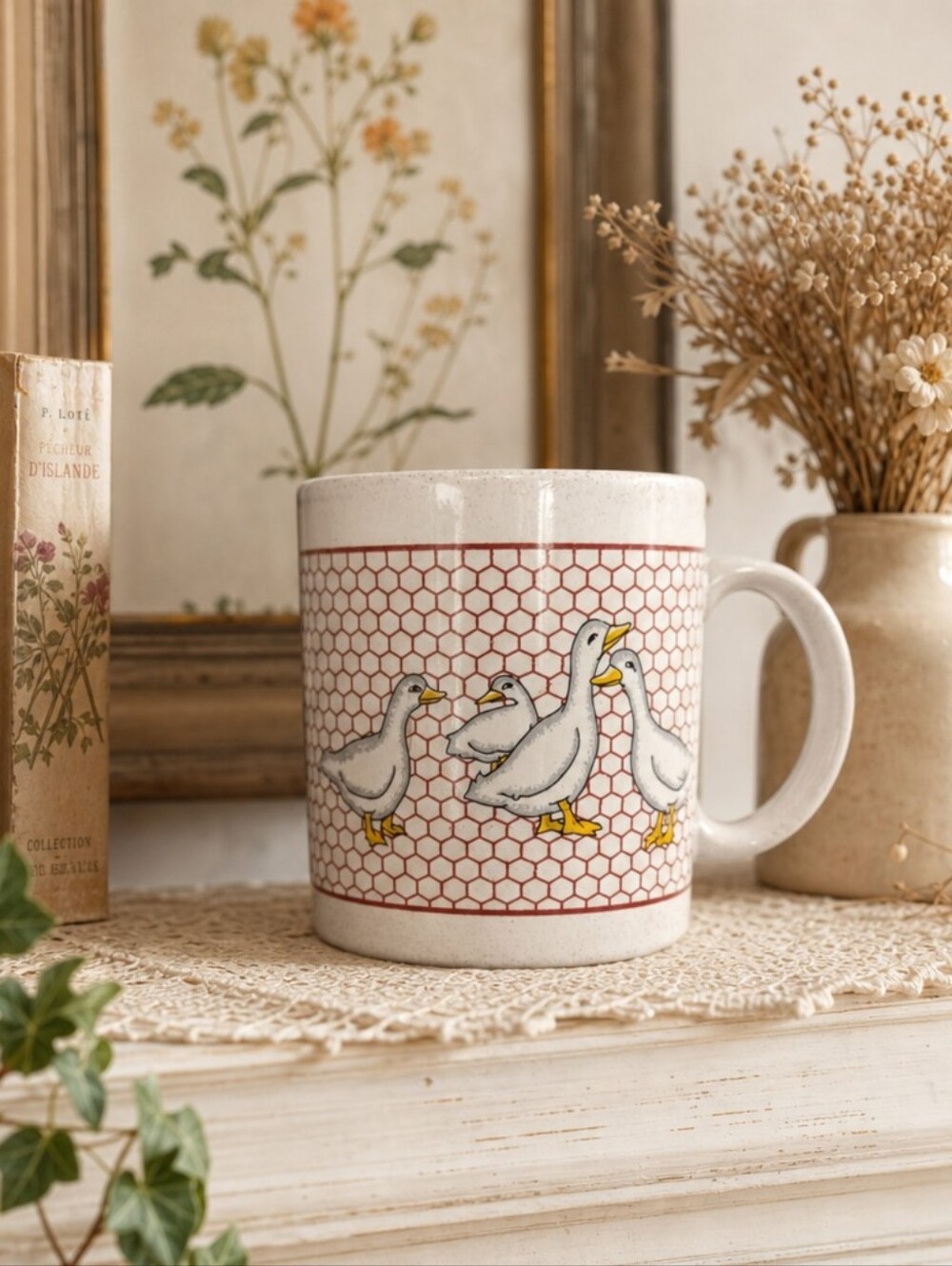 White Ceramic Mug with Goose Row and Honeycomb Pattern